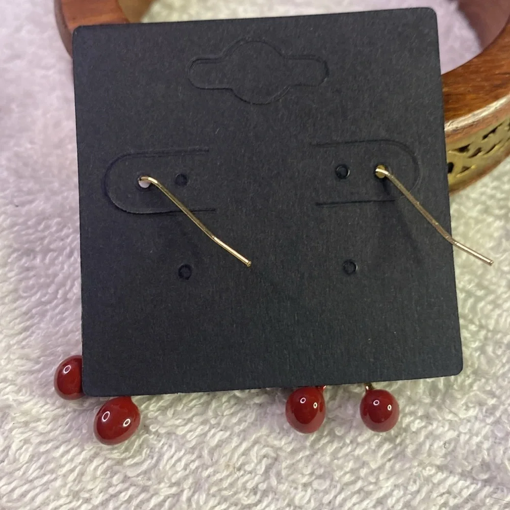 Cherry Drop Earrings in Red and Gold Fish Hooks - Picture 3 of 5